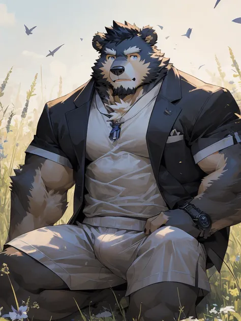 (Ultra Detailed), Clear focus, Eye, 棕色Eye, hairy, Black and white fur, black beard, Black Hair,Bear Orc, male, Middle-aged and elderly people, brown body, White belly, muscular ,(Crotch bulge),Ultra Detailed的脸,(messy 1.4),(best quality), (masterpiece), Hig...