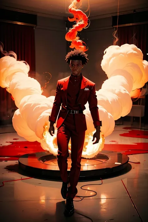 Young black man in red clothes standing on top of a big heart on fire in an empty white room with red smoke on the floor