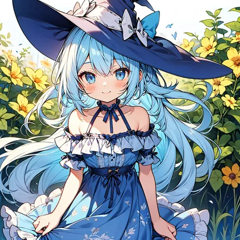 small shota,light blue hair,loose long hair,smile,summer style light blue witch clothes,
casual tops with (frilly hem),