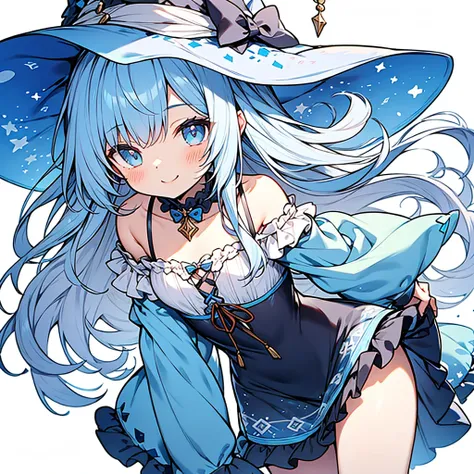 small shota,light blue hair,loose long hair,smile,summer style light blue witch clothes,
casual tops with (frilly hem),