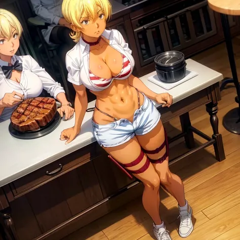 Blonde girl eating steak at steakhouse　Wearing sneakers　High leg shorts with suspenders　Large Breasts　Showing her belly button　Ultra low rise　Knee-high socks　　No underwear　Belt on chest