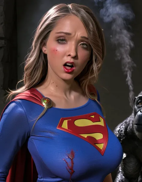 (best quality,4k,highres,masterpiece:1.2),ultra-detailed,realistic,portraits,vivid colors,dramatic lighting,Supergirl,annoyed,tattered uniform,ragged uniform,smoking crater,offended,shocked,alien robot gorilla,rocket (full body shot, show her entire body, ...