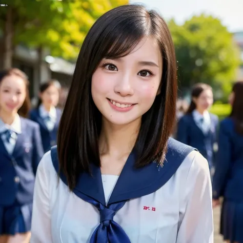 (kawaii 24 year-old Japanese girl is talking with friends, Nogizaka idol, Korean idol), (glossy black hair, very short hair, forehead:1.3), (deep black eyes, rounded face, single eyelid, no makeup, laughing:1.2), (wearing Japanese highschool uniforms, dark...