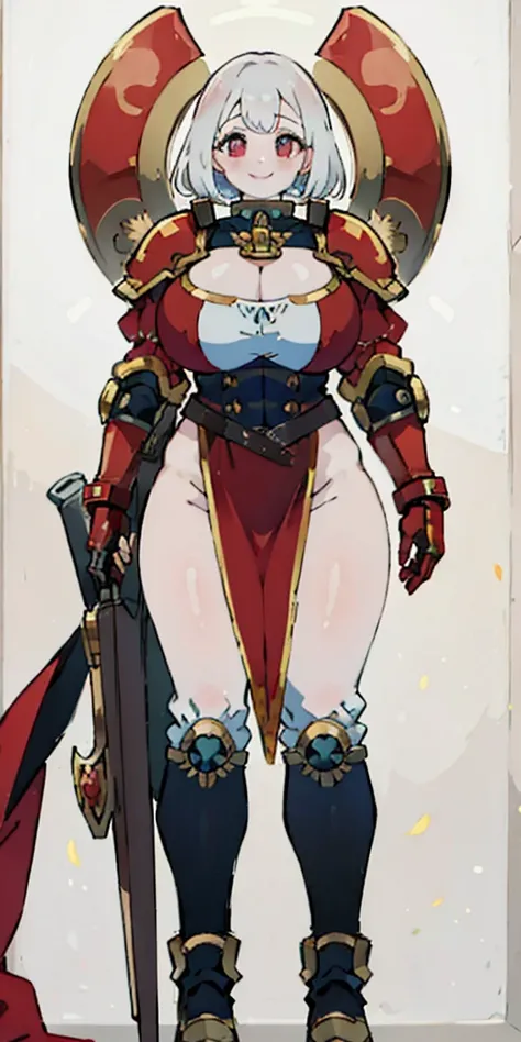 (masterpiece, best quality, 4k, 1girlsolo, 1MILF, mmplatz, smile, red cheeks, plain background:1.2), perfect face, perfect lighting, mature whsororitas with gloves red gauntlets in her hands like Cammy White from Street Fighter, bob white hair, warhammer 4...