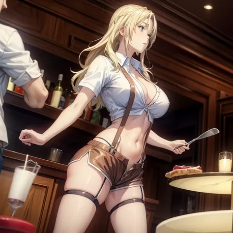 Blonde girl eating steak at steakhouse　Wearing sneakers　High leg shorts with suspenders　Large Breasts　Showing her belly button　Ultra low rise　Knee-high socks　　No underwear　Belt on chest