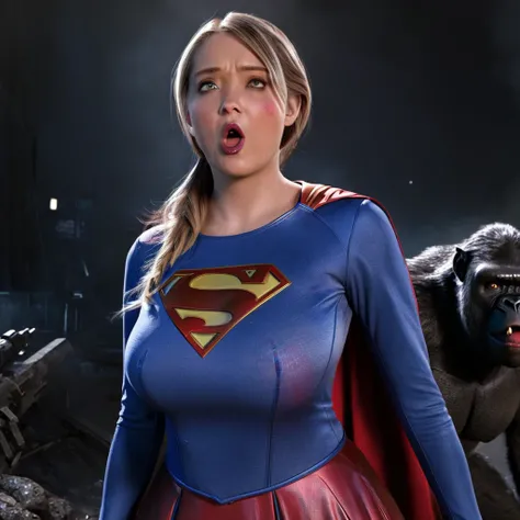 (best quality,4k,highres,masterpiece:1.2),ultra-detailed,realistic,portraits,vivid colors,dramatic lighting,Supergirl,annoyed,tattered uniform,ragged uniform,smoking crater,offended,shocked,alien robot gorilla,rocket Please make sure your output is separat...