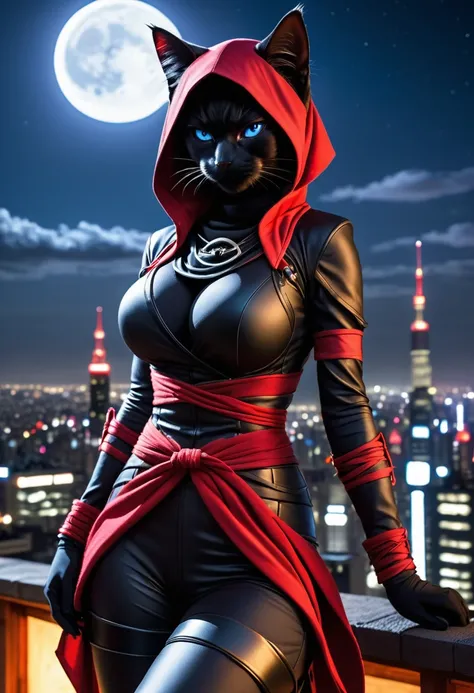 anthropomorphic female black cat ninja, cleavage, (black fur), sexy, ninja big cat, assassin, mk ninja, ninja outfit, ninja, mystic ninja, blue eyes, portrait shot, goth ninja, epic ninja suit, matte black cloth ninja suit, red accents, dramatic pose, on t...