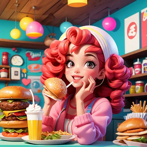 Curly hair and her eating a hamburger and milkshake 