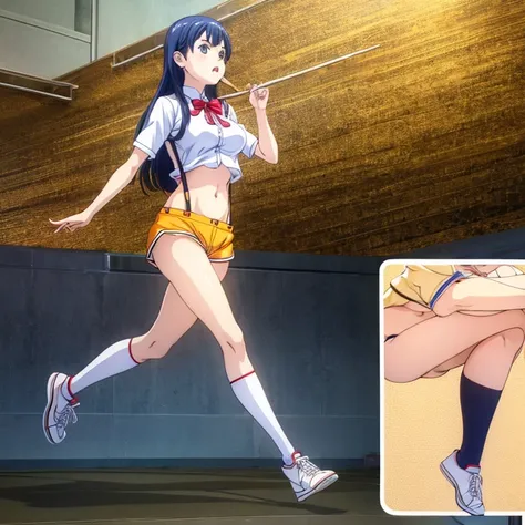 A girl eating curry rice at a curry restaurant　Wearing sneakers　High leg shorts with suspenders　Large Breasts　Showing her belly button　Ultra low rise　Knee-high socks　　No underwear　Belt on chest