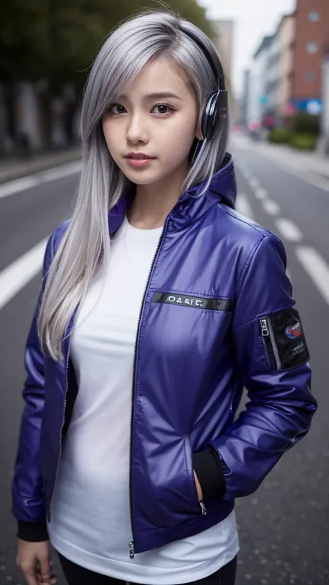 One girl, Gray Hair, Long Hair, Techwear masterpiece, highest quality, Realistic, realism, Dark purple jacket, Portraiture, Fine grain, Wearing the headset, Platinum Hair, 21 year old girl, Fashion pose, Half Body, Wide shot, on the road, cyber punk