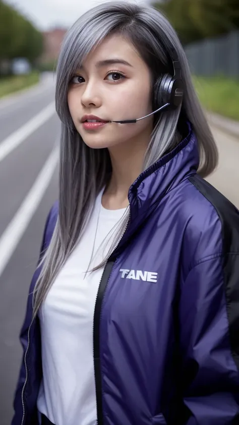 One girl, Gray Hair, Long Hair, Techwear masterpiece, highest quality, Realistic, realism, Dark purple jacket, Portraiture, Fine grain, Wearing the headset, Platinum Hair, 21 year old girl, Fashion pose, Half Body, Wide shot, on the road, cyber punk