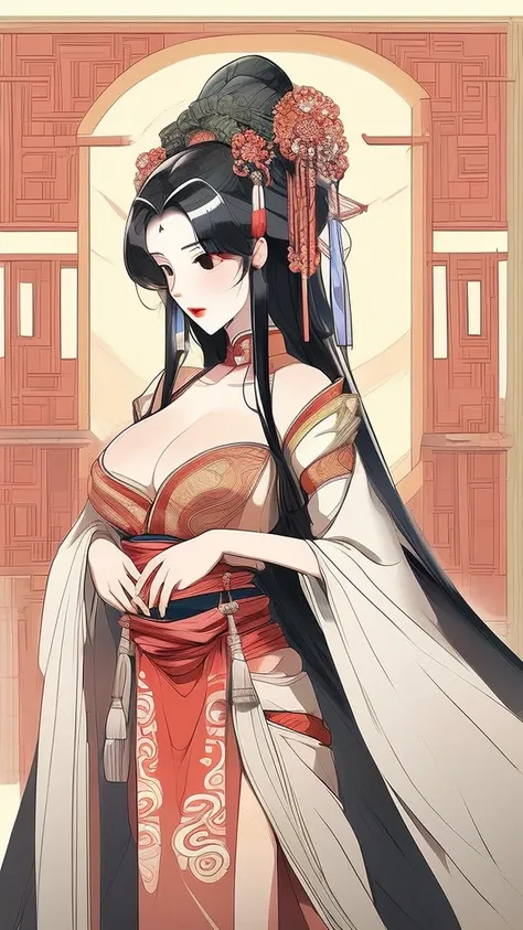 Female with long black straight hair, hairpin, big breasts, cleavage, imperial concubine&#39;s clothing, flowery shoes, full body bed, Chinese palace