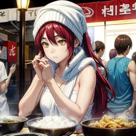 A woman with a towel wrapped around her head making a large amount of tempura at a Korean night market　highest quality