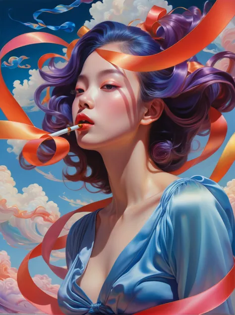 _james jean, floating female figure made of ribbon, smokes, in the sky, rich and colorful、full of energy, mysterious colors, con...