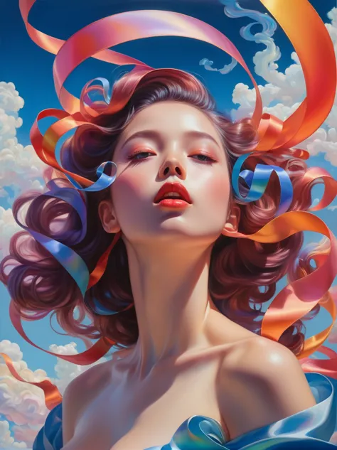 _james jean, floating female figure made of ribbon, smokes, in the sky, rich and colorful、full of energy, mysterious colors, con...