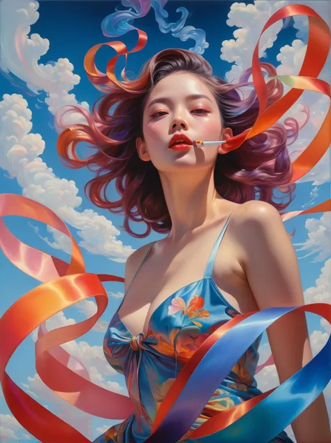 _james jean, floating female figure made of ribbon, smokes, in the sky, rich and colorful、full of energy, mysterious colors, con...