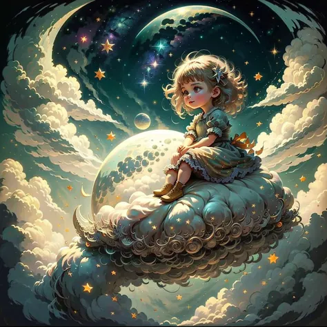 (a little girl), charming, short white dress, dragon, cute, (sitting moon), moon, stars, clouds, masterpiece, best quality,  (ma...