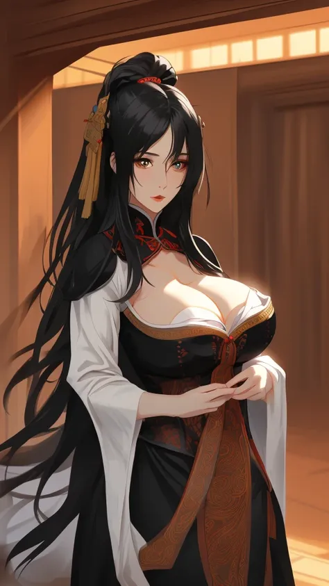 Female with long black straight hair, hairpin, big breasts, cleavage, imperial concubine&#39;s clothing, flowery footbed, Chinese palace