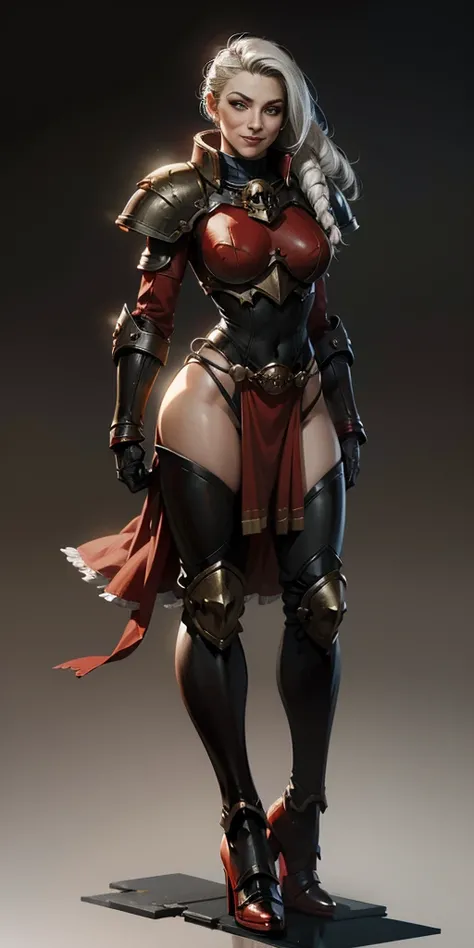 (masterpiece, best quality, 4k, 1girlsolo, 1MILF, mmplatz, smile, red cheeks, plain background:1.2) perfect face, perfect lighting, mature whsororitas with gloves red gauntlets in her hands like Cammy White from Street Fighter, bob white hair, warhammer 40...