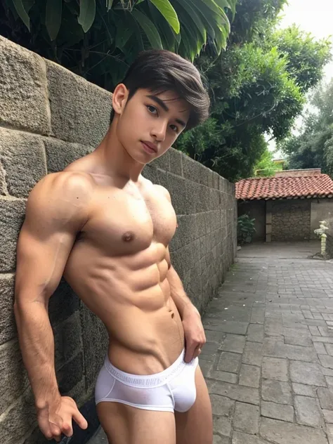 Un chico , 16 years old very beautiful, piel blanca con rasgos finos, poca ropa, pectorales fuertes definidos, al descubierto,  piernas musculosas, hermosos pezones grandes obscuros, abs