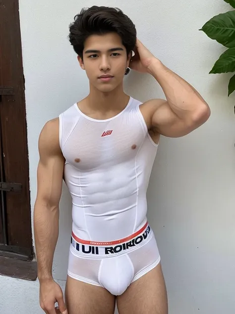 Un chico , 16 years old very beautiful, piel blanca con rasgos finos, poca ropa, pectorales fuertes definidos, al descubierto,  piernas musculosas, hermosos pezones grandes obscuros, abs