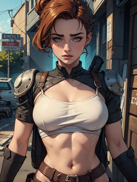 Personagem mulher estilo atompunk Fallout 4 cabelos pretos  atriz Ella Purnell com marcas de guerras Imagem de desenho animado de uma mulher .Ilustracaoo estilo desenho animado, estilo de arte dos desenhos animados, estilo de arte dos desenhos animados, di...