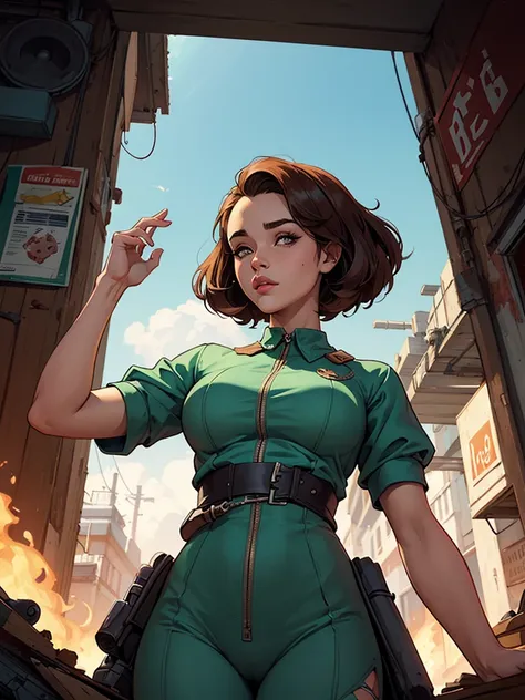 Personagem mulher estilo atompunk Fallout 4 cabelos pretos  atriz Ella Purnell com marcas de guerras Imagem de desenho animado de uma mulher .Ilustracaoo estilo desenho animado, estilo de arte dos desenhos animados, estilo de arte dos desenhos animados, di...