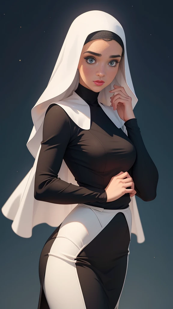 garota,, pequeno, Shy, bunda grande,   catholic nun outfit  , dynamic pose, Quente, soft or colored lips, fundo simples, perfect hands, anatomia perfeita, Inclina  Jennifer Connelly estilo Cartoon estilo illustration digital estilo GTA matadora de vampiro ...