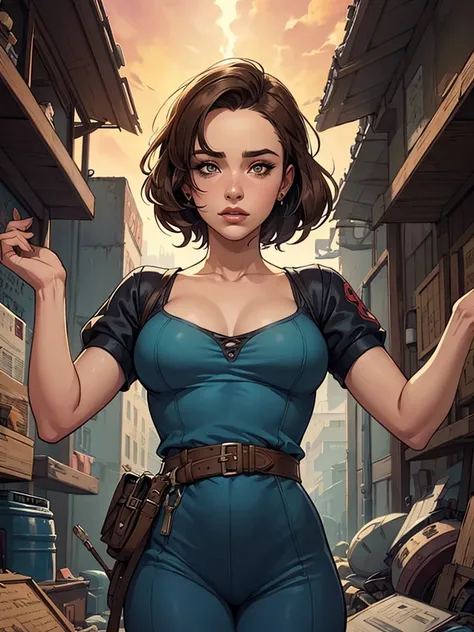 Personagem mulher estilo atompunk Fallout 4 cabelos pretos  atriz Ella Purnell com marcas de guerras Imagem de desenho animado de uma mulher .Ilustracaoo estilo desenho animado, estilo de arte dos desenhos animados, estilo de arte dos desenhos animados, di...