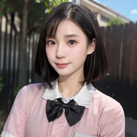 (kawaii 24 year-old Japanese girl, Nogizaka idol, Korean idol), (glossy black hair, very short hair, forehead:1.3), (deep black eyes, rounded face, single eyelid, no makeup, soft smiling:1.2), (wearing Japanese highschool uniforms, JK uniforms, collaredshi...