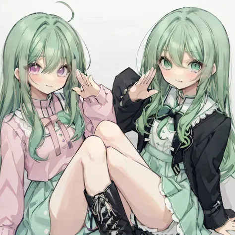 女の子1 person,1 person,Mint green hair,Long Hair,Curly Hair,Pink Eyes,Police,Salute,smile,Twin tails,cute,Lace-up boots,Miniskirt,