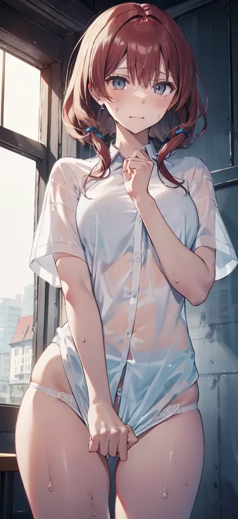 blue eyes,highest quality,High resolution,unity 8k wallpaper,(shape:0.8),(Beautiful and detailed:1.6),Detailed face,Perfect lighting,Detailed CG,(Perfect hands, Perfect Anatomy),Female students,A wet, see-through white shirt,(White panties:1.0),topless,Red...