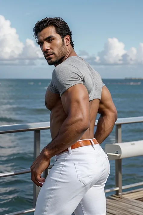 Un hombre negro con la cara se parece a Henry Cavill. Black man, Su cuerpo es musculoso y pectoral definido. paquete de seis. ingle. Cochas, pelo contra el viento. barba dentada.  Big butt, in a moment of reflection. Full body. Fajado, White Jeans backside...