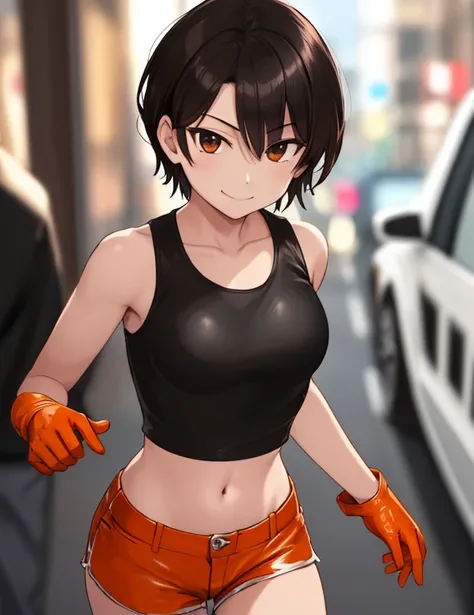 1girl, solo, masterpiece, very detailed, reiko nagase, black leather jacket, orange tank-top, midriff, gloves, black short-short...