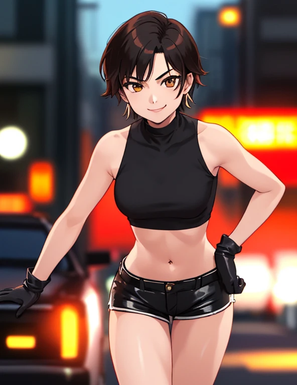 1girl, solo, masterpiece, very detailed, Reiko Nagase, black leather jacket, orange tank-top, midriff, gloves, black short-shorts, street race, bokeh effect, rich color saturation, looking at viewer, eye contact, arrogant smile, dynamic pose