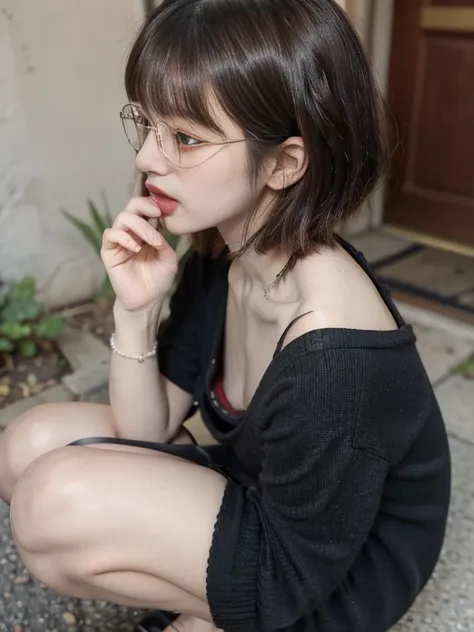 raw photo, 8k, (top-quality), Realistic, (real picture, Intricate details), (natural skin texture, detailed skin, hyper realism, sharpness), (glasses Japanese teenage girl squatting in a dirty back alley at night),((highly detailed bra with embellishments)...