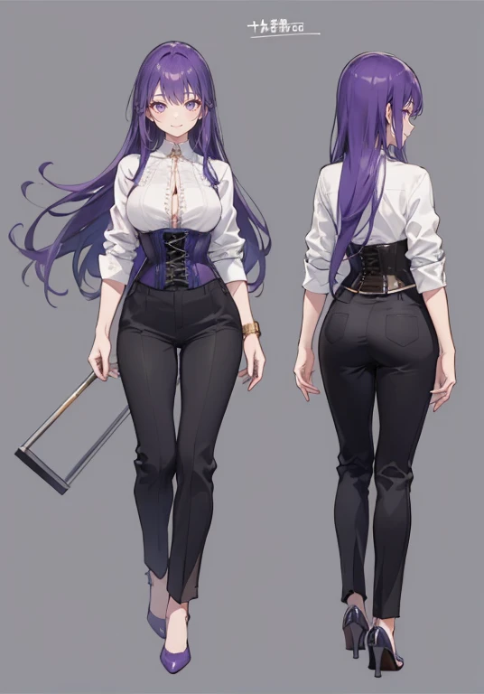 purple hair,long hair,adult female,bartender,((rolling up your sleeves shirt)),(corset),(slacks),high heels,((simple background)...