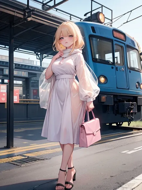 "Create a highly detailed, 8K quality anime-style image of a mature woman standing alone at a train station. The woman should be depicted in full-body view with her legs apart, displaying a highly exaggerated angry expression. Her features include Medium b...