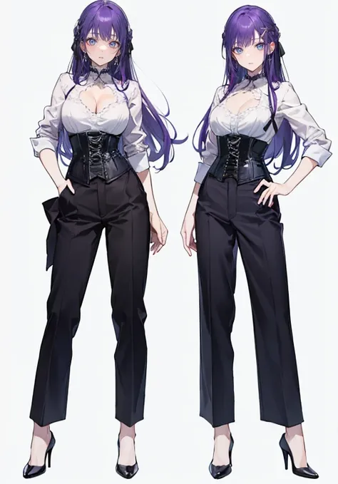 Purple hair,Long hair,Adult female,Bartender,((Rolling up your sleeves shirt)),(Corset),(slacks),High heels,((Simple background)),Smile,((Full body)),((whole body)),Character Sheet,