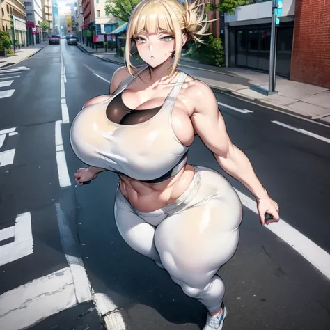 Super-detailed, 8k HD, Himiko Toga (My Hero Academia), 1 girl, solo, blonde hair, beautiful and perfect figure, detailed hand and face, busty body, curvy body, big breast, large butt, lean abs, sport bra and pants, walking on the street