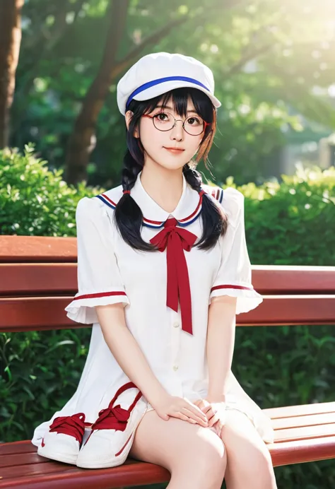 anime girl with glasses and a hat sitting on a bench, marin kitagawa fanart, cute girl anime visuals, misato katsuragi, as an an...