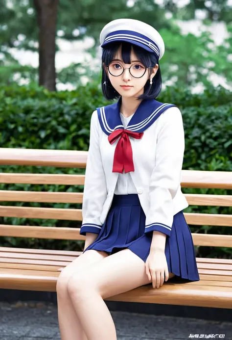 Anime girl with glasses and a hat sitting on a bench, Marin Kitagawa Fanart, Cute girl anime visuals, Misato Katsuragi, As an anime character, Anime Moe Art Style, Magic , safebooru anime images, y 2 k cutecore crowncore, Short full body portrait!, megumu ...