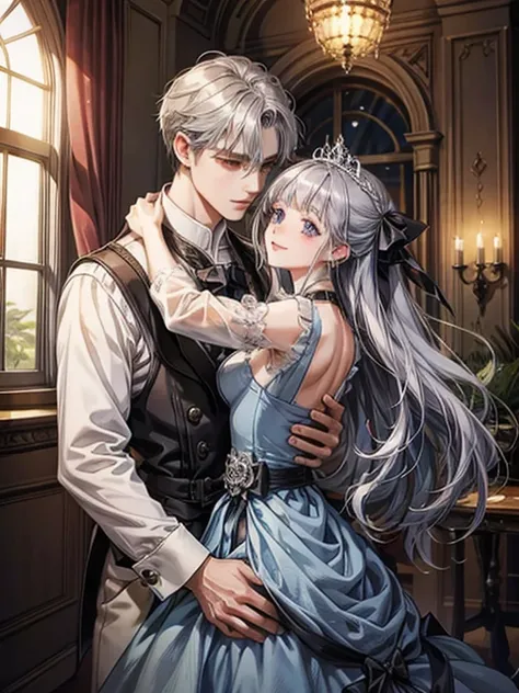 One Girl、Noble、daughter、Gray Hair、purple eye、Saggy　eye、Navy Blue Dress、ribbon、very cute、palace、Princess、Long Hair、High resolution、smile、Long sleeve、White handbag、Dancing the waltz、a handsome guy、Man hugging his waist