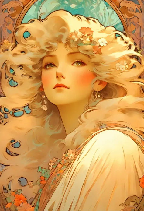 Alfons Maria Mucha, Slavic god, beauty women, long white hair, floral frame, decorative panels, artistic abstract, Director: Alphonse Mucha, (master piece, best quality, Highs:1.4), detailed, intricate details, 4k, Color splash, line art, Fibonacci