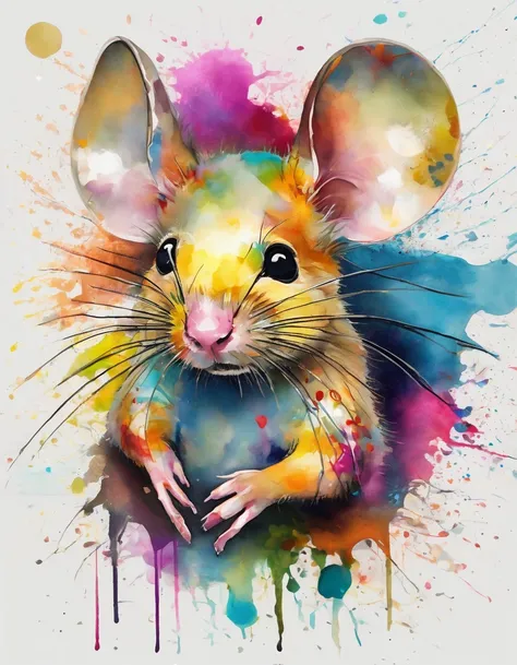 Draw a golden mouse with colorful ink on its face, archan nair, painted with bright watercolors, animal print, bright watercolor painting, Picture of a cute little mouse, stunning artwork, Surrealism with bright colors, Lots of colors，rich in detail, Beaut...