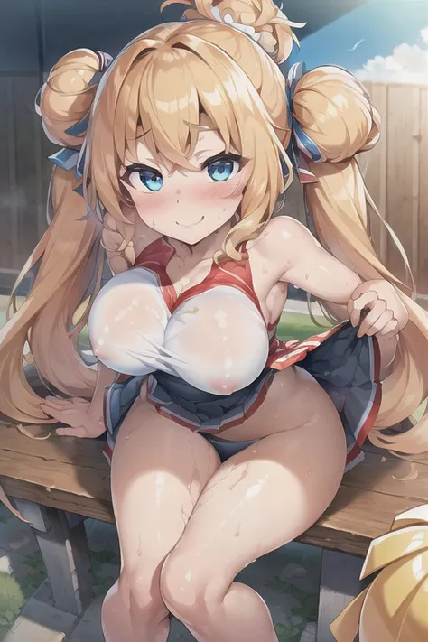 (((masterpiece))), ((highest quality)), ((Very detailed)), ((High resolution)), ((8k)), ((Anatomically correct)), One Woman, Big Breasts, Chestnut Hair, Bun hair, Long Hair, Twin tails, Very cute woman, delicate, Charming smile, Blue eyes, Bright Eyes, Bes...