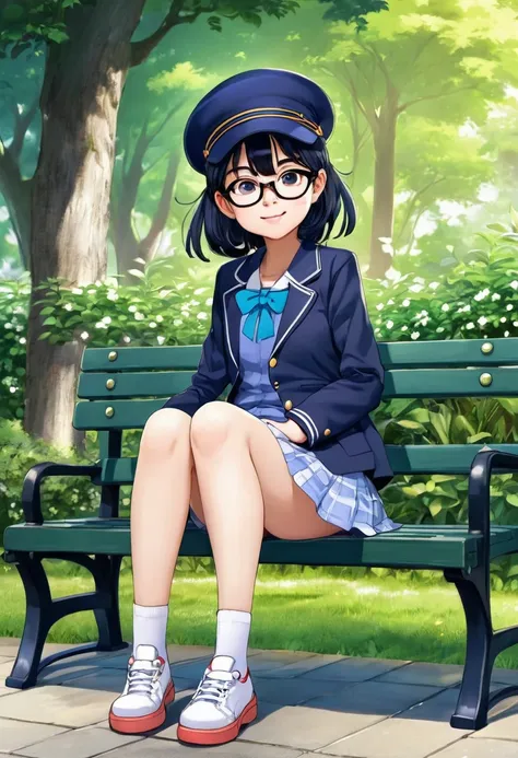 anime girl with glasses and a hat sitting on a bench, marin kitagawa fanart, cute girl anime visuals, arale-chan, as an anime ch...