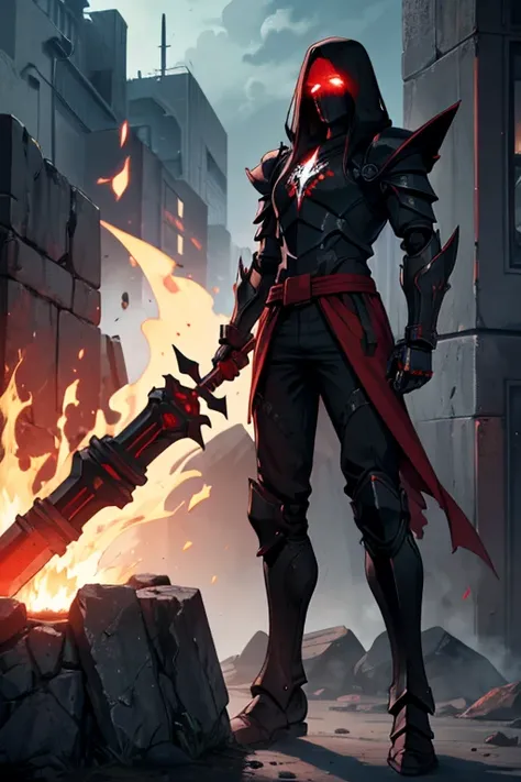 male, robot, fiery red eyes, black metal body, (((1boy))), (((black metal armor))), (dark red torn pants), (grey sash), long legs, holding hammer, in a forge