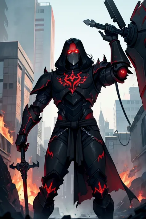 male, robot, fiery red eyes, black metal body, (((1boy))), (((black metal armor))), (dark red torn pants), (grey sash), long legs, holding hammer, in a forge