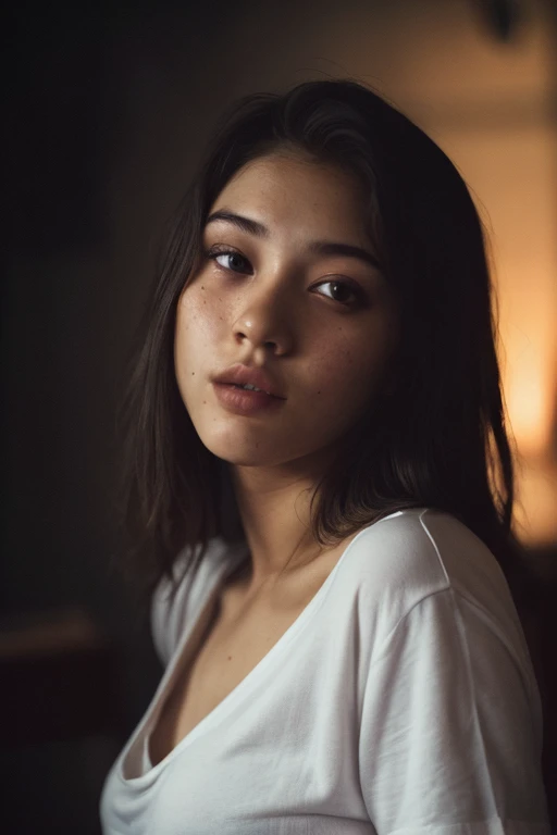 (mid range shot), editorial photograph of a 21 year old woman), (highly detailed face:1.4) (smile:0.7) (background inside dark, moody, private study:1.3) POV, by lee jeffries, nikon d850, film stock photograph ,4 kodak portra 400 ,camera f1.6 lens ,rich co...